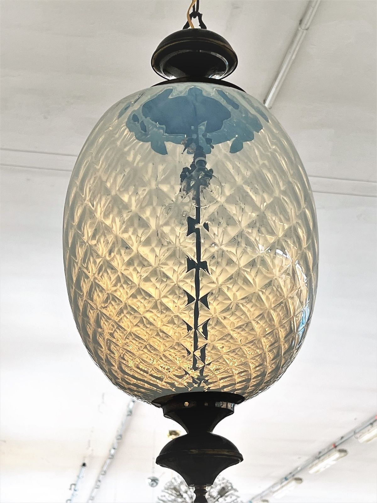 photo vinterior Italian Pendant  Lantern In Brass And Opaline Textural Murano Glass, 1970