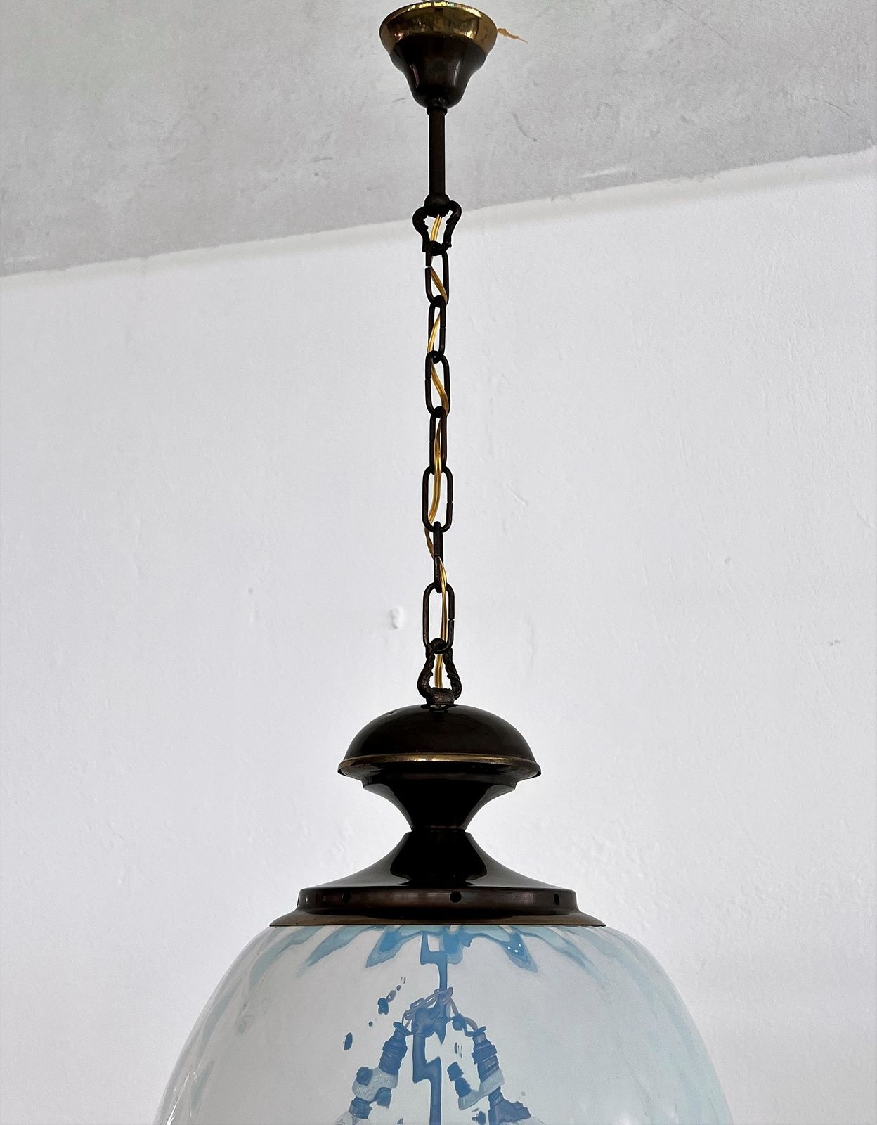 photo buy Italian Pendant  Lantern In Brass And Opaline Textural Murano Glass, 1970