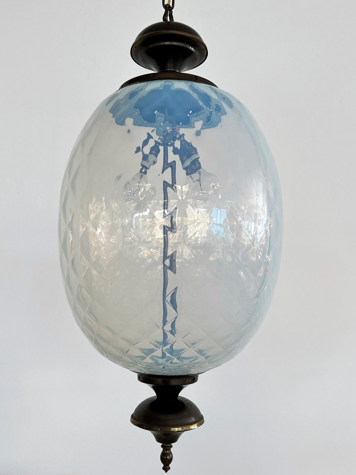 photo vintage Italian Pendant  Lantern In Brass And Opaline Textural Murano Glass, 1970