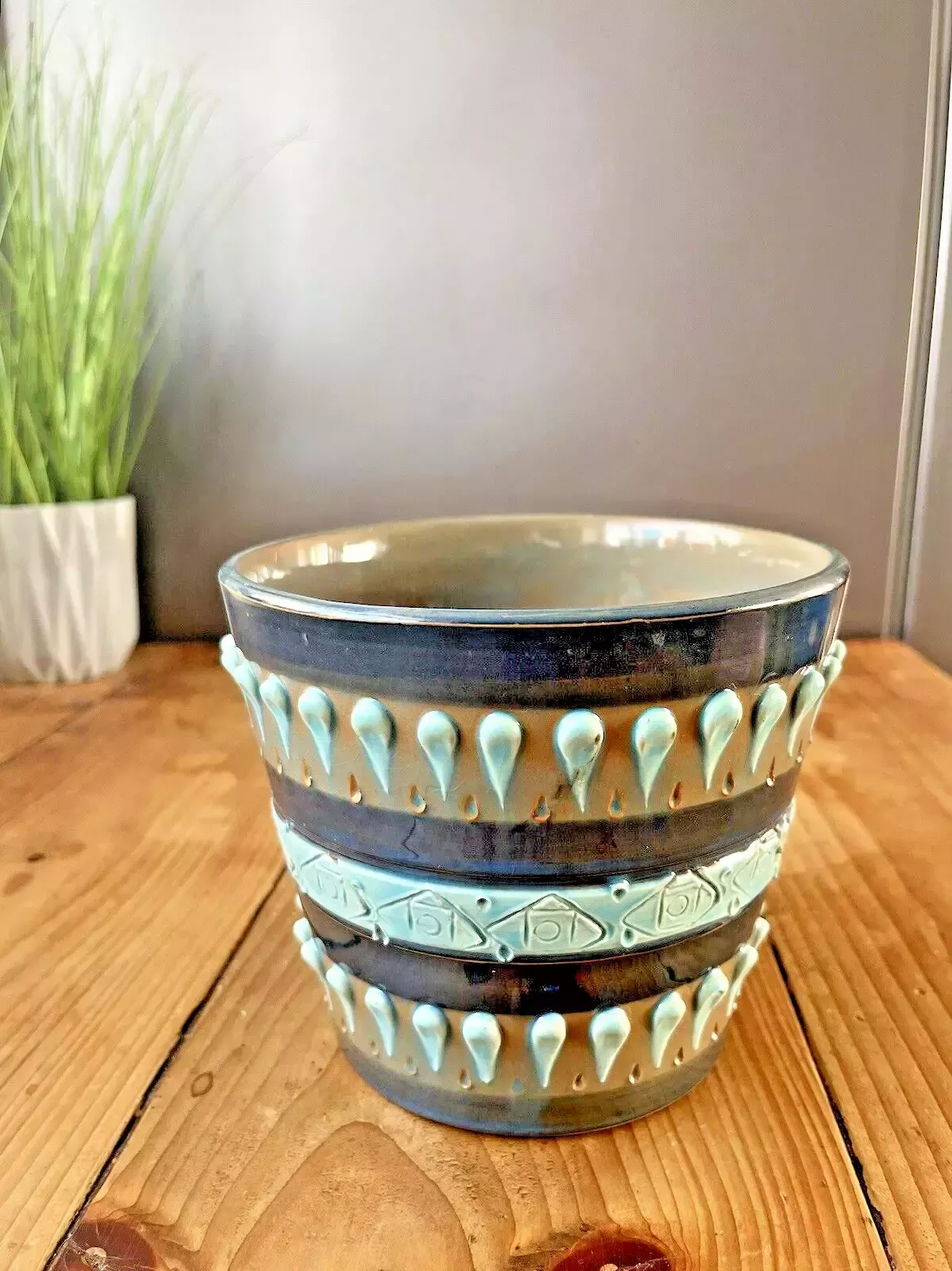 69.0 Mid Century Italian Pottery Striped Textured Abstract Planter Plant Pot 60s 70's photo