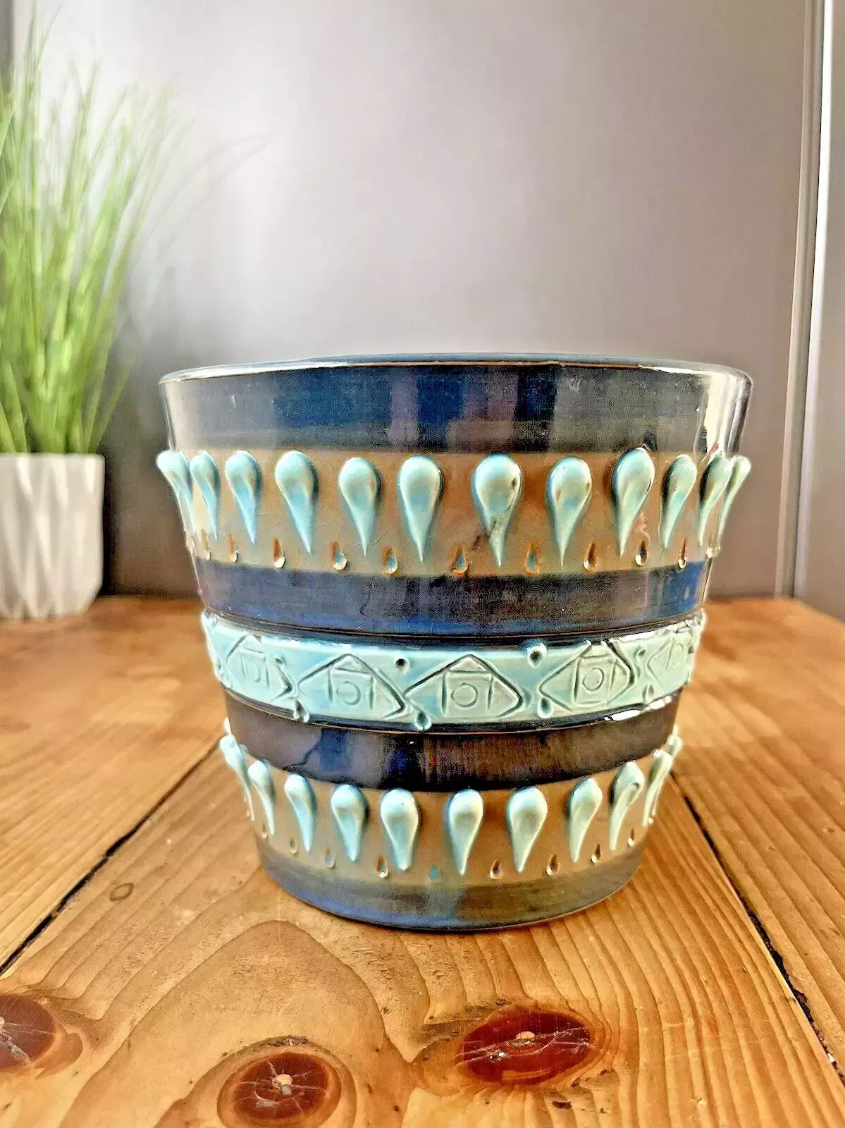 photo vinterior Mid Century Italian Pottery Striped Textured Abstract Planter Plant Pot 60s 70's