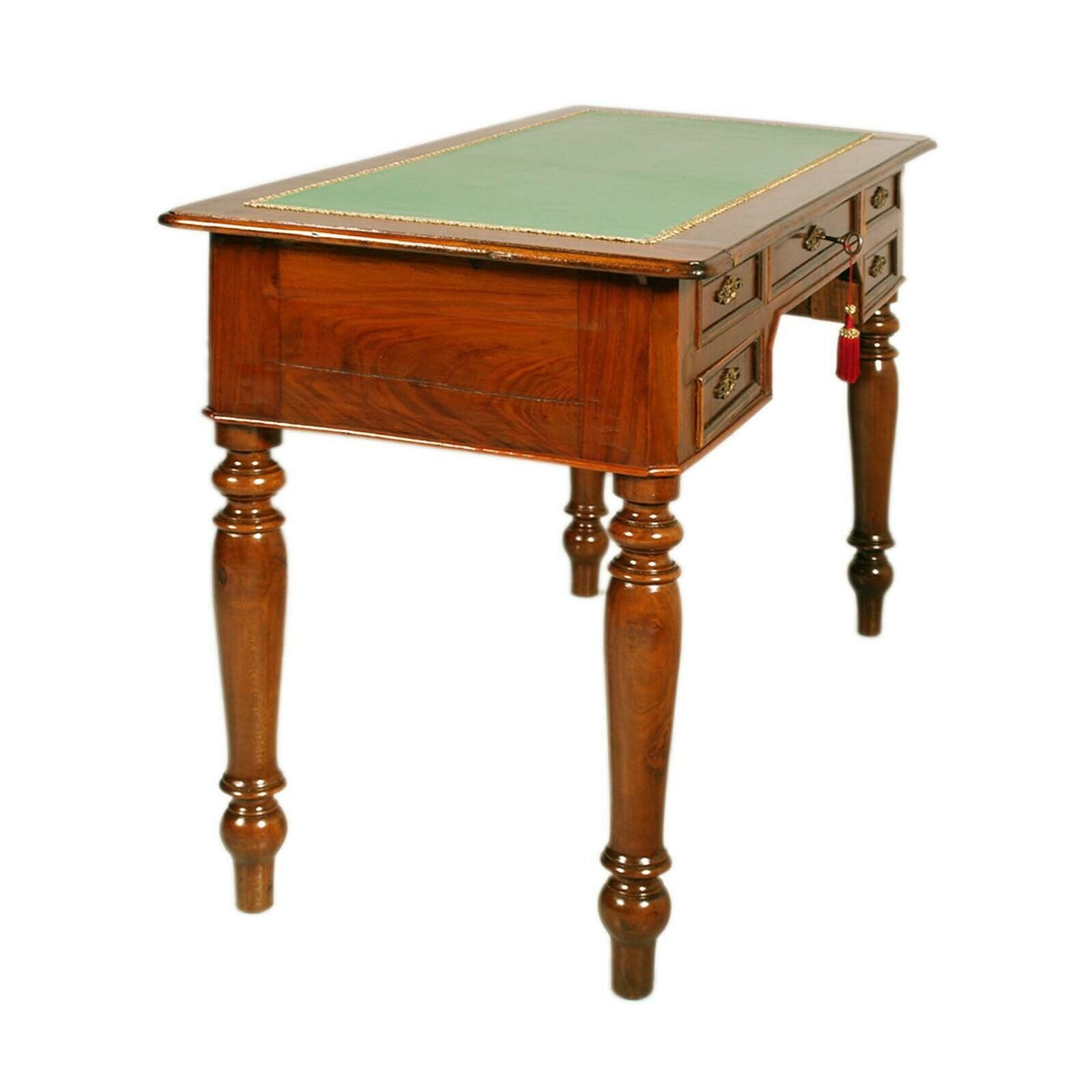Desk 19th Century Italy Walnut Drawers Louis Philippe Green Leather Top Restored photo for sale