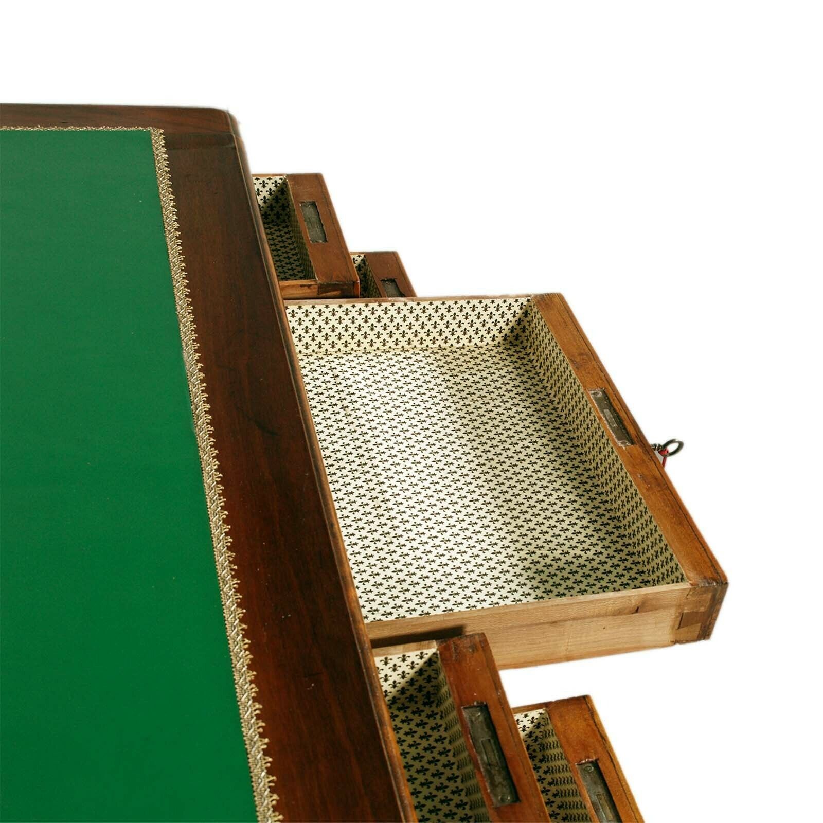 Desk 19th Century Italy Walnut Drawers Louis Philippe Green Leather Top Restored photo 5500.0