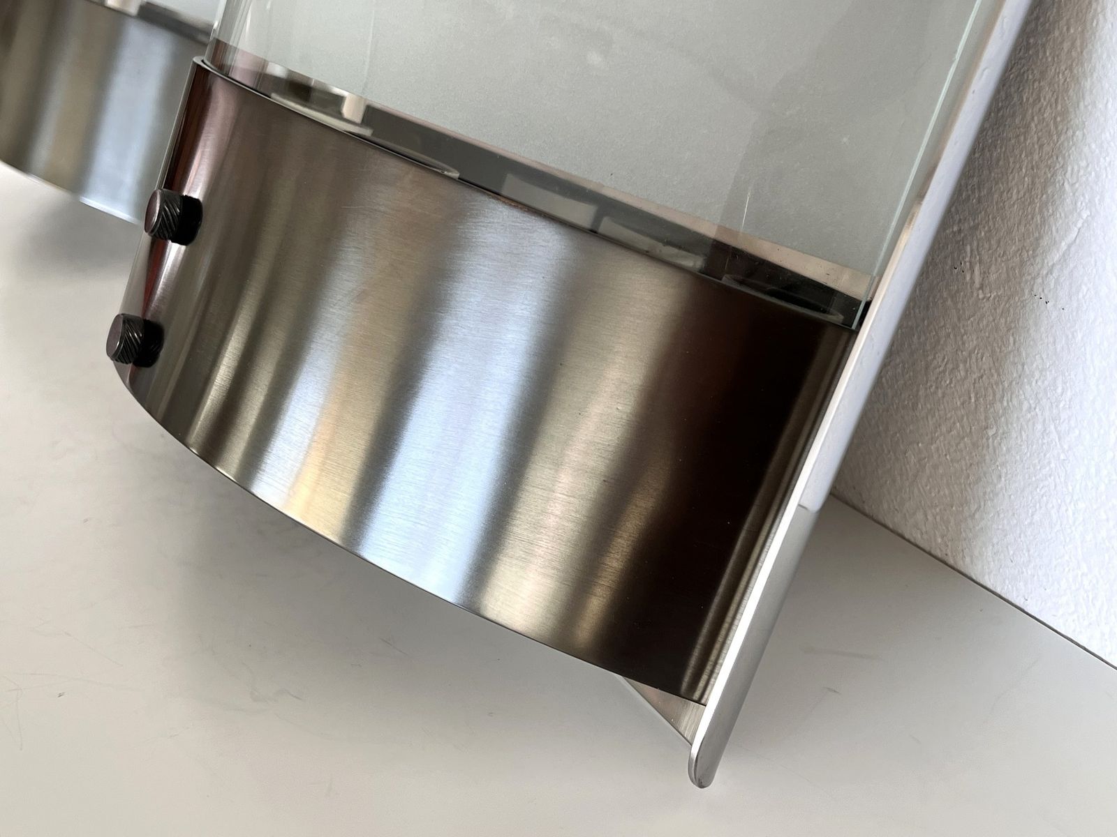 photo for sale Luigi Caccia Dominioni Pair Wall Sconces Lp19 "Monaco" In Steel And Glass, 1970s