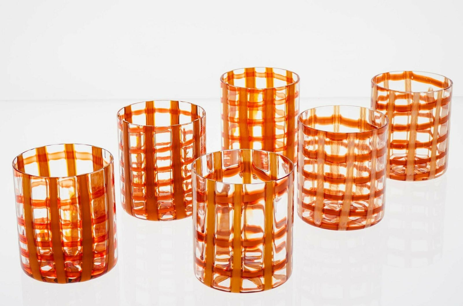 Exclusive Set Of 6 Murano Tumblers, Burnt Orange Zanfirico Over White, Cenedese photo for sale