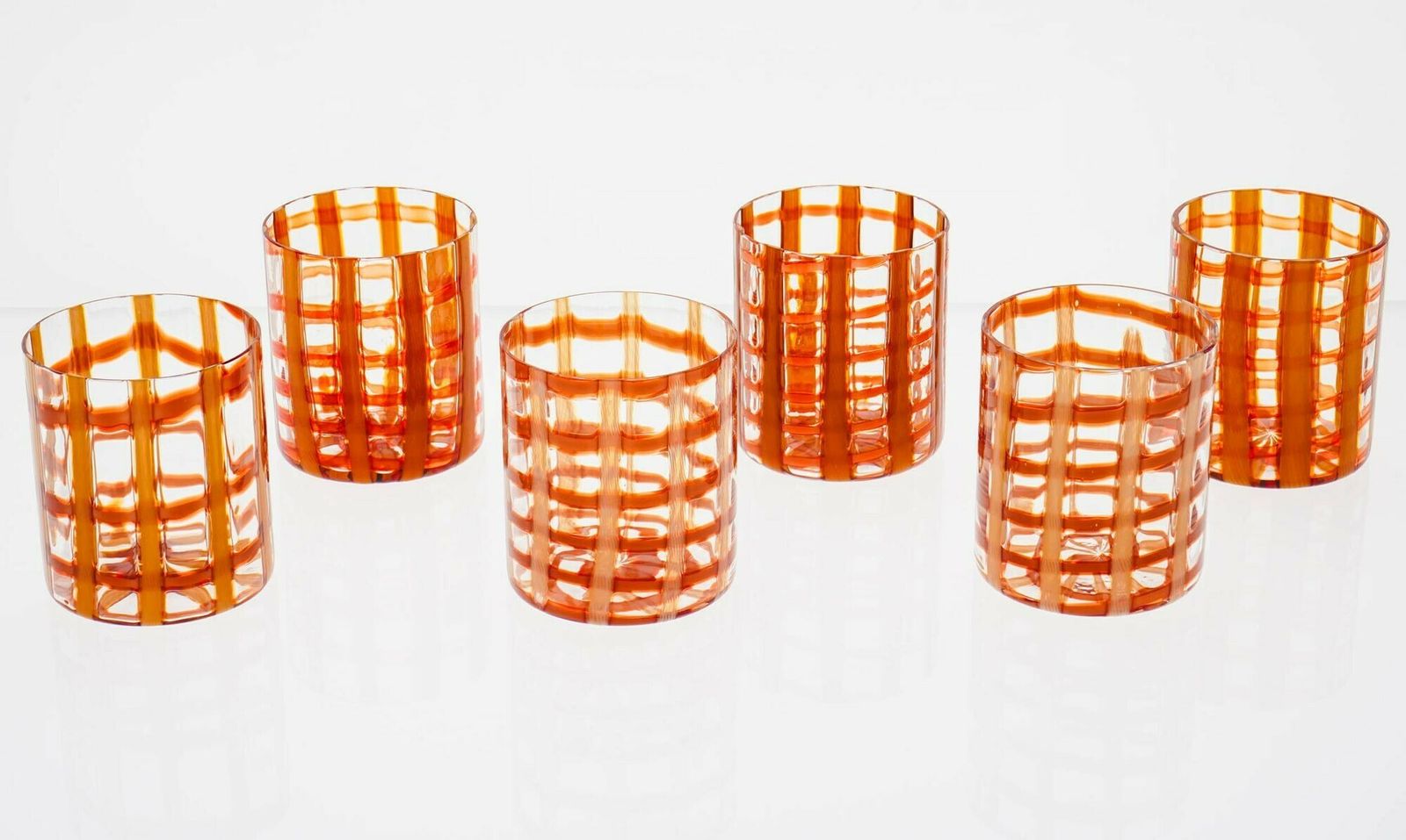 Exclusive Set Of 6 Murano Tumblers, Burnt Orange Zanfirico Over White, Cenedese photo buy