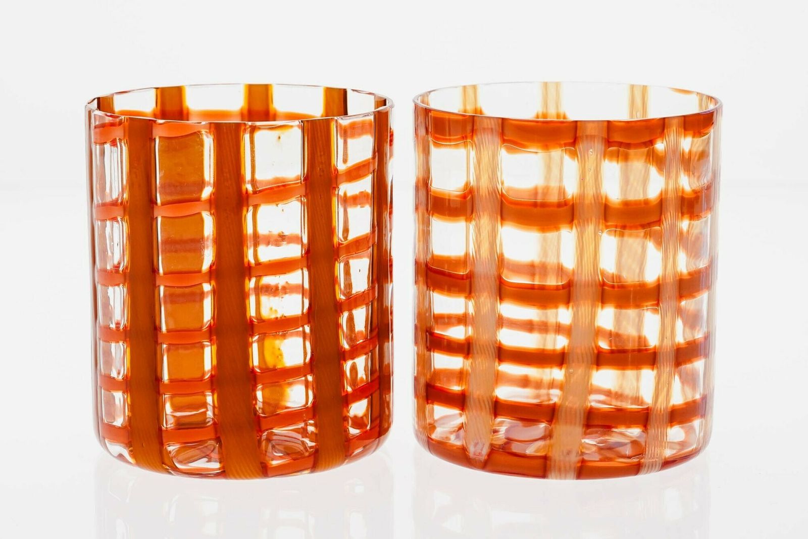 Exclusive Set Of 6 Murano Tumblers, Burnt Orange Zanfirico Over White, Cenedese photo vintage