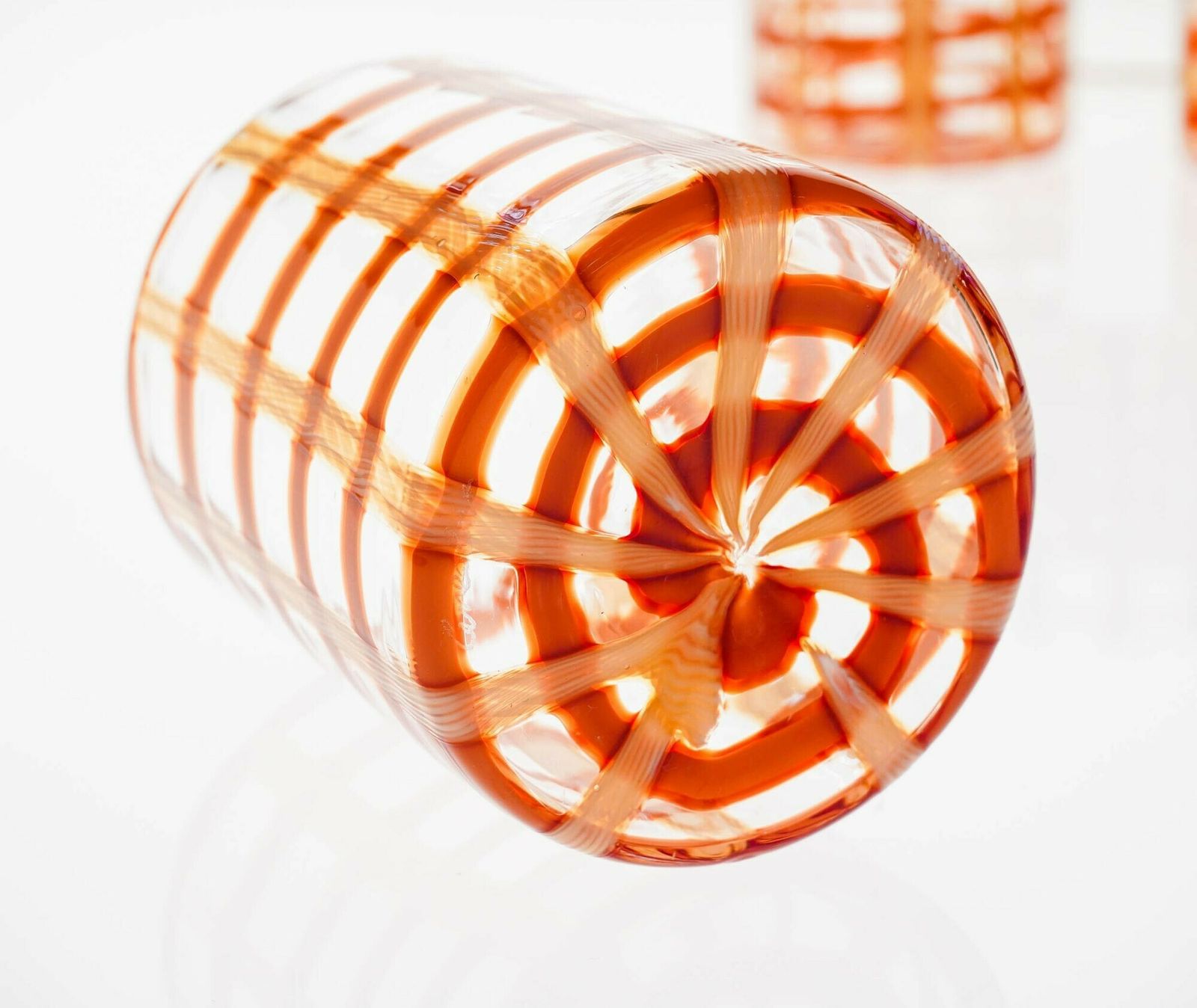 1800.0 Exclusive Set Of 6 Murano Tumblers, Burnt Orange Zanfirico Over White, Cenedese photo