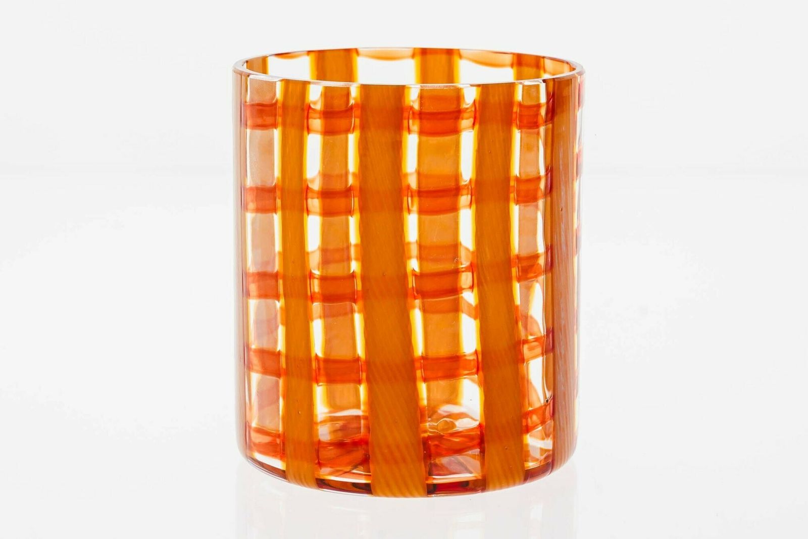 photo vintage Exclusive Set Of 6 Murano Tumblers, Burnt Orange Zanfirico Over White, Cenedese