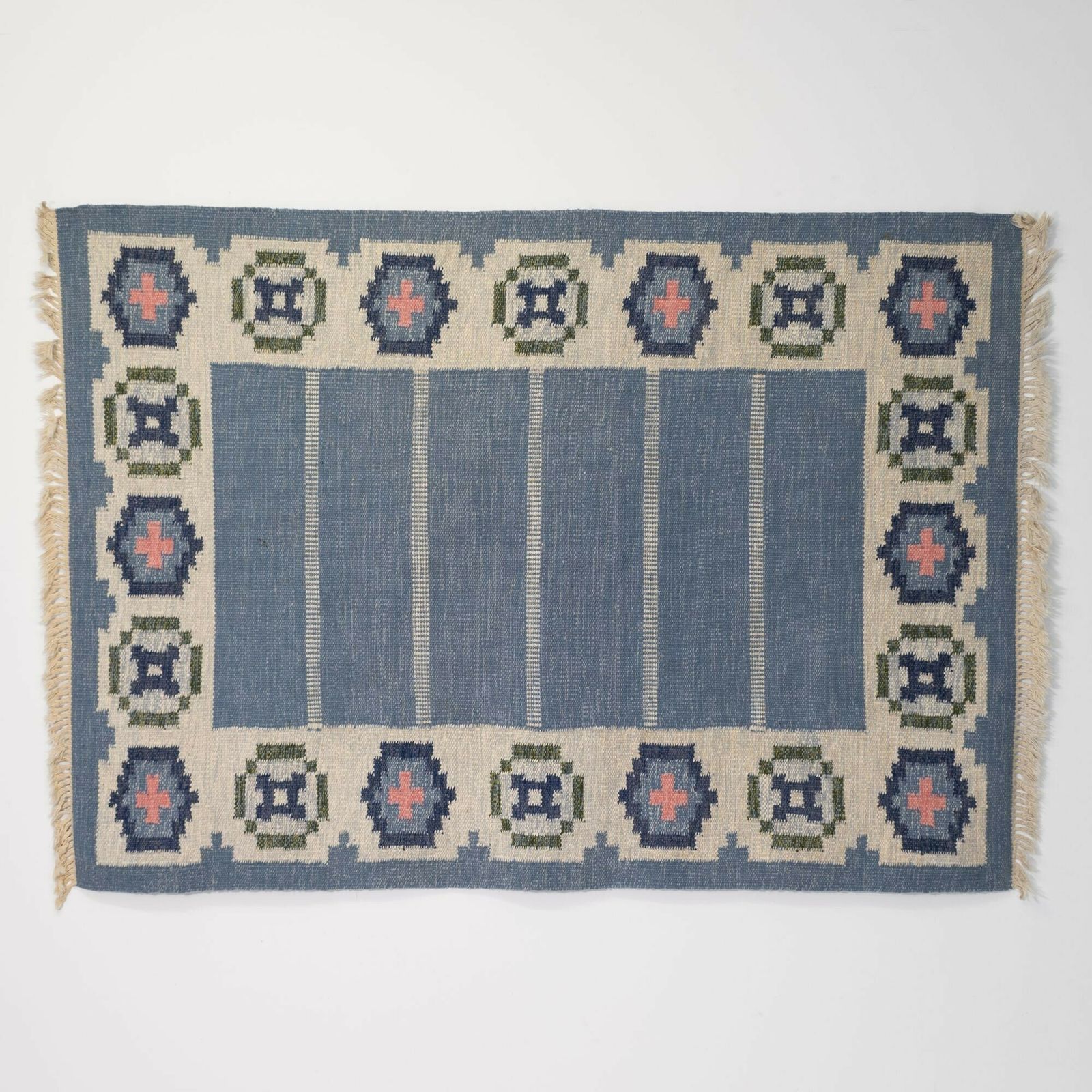 Mid Century Swedish Kilim In Blue And Cream