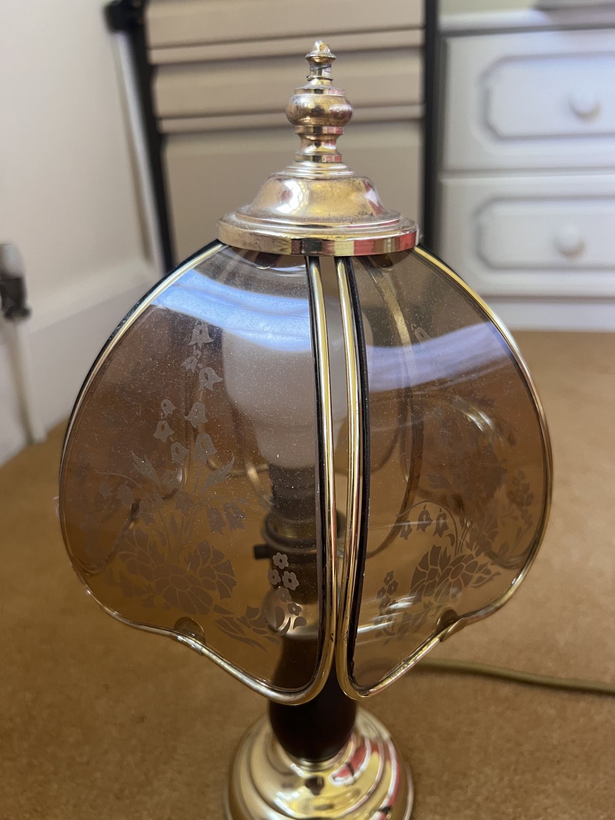Pair Of Brown Glass Petal Lamps With Gold And Floral Detailing