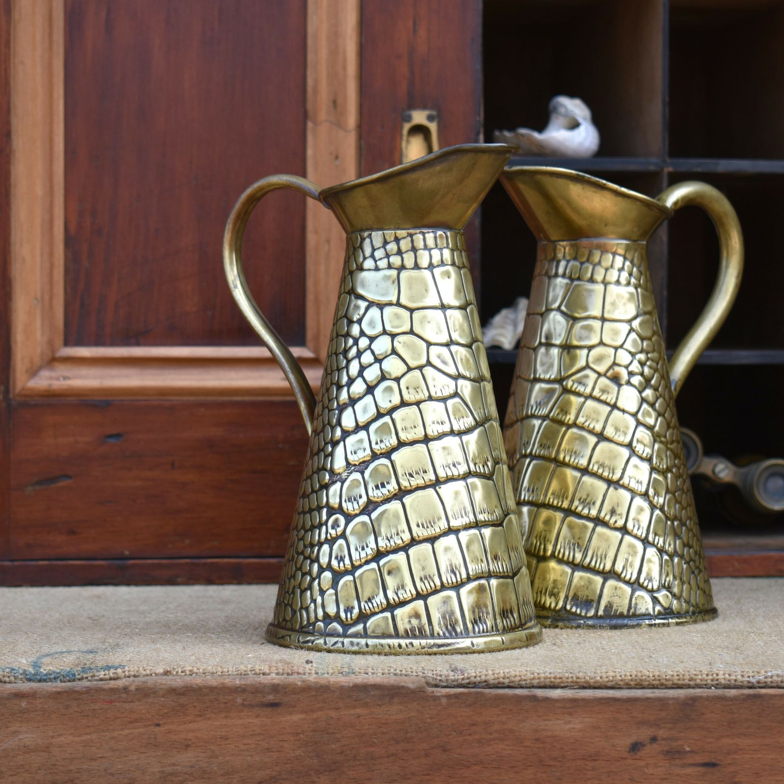 Antique Joseph Sankey Hand Beaten Reptile Repousse Brass Jug Ewer Pitcher Pair photo furniture
