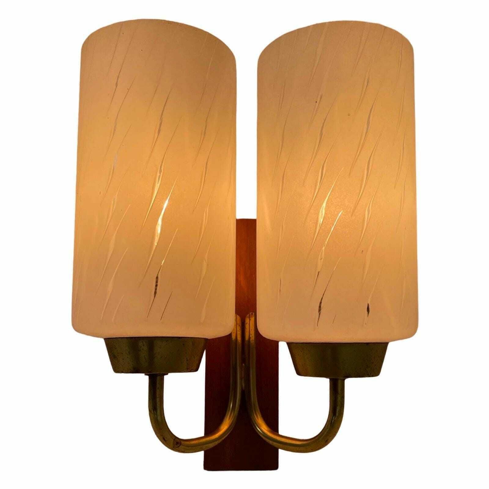 Vintage   Mcm   Wall Mounted Lamp / Sconce With Two Bulbs   Glass, Brass And Teak Wood