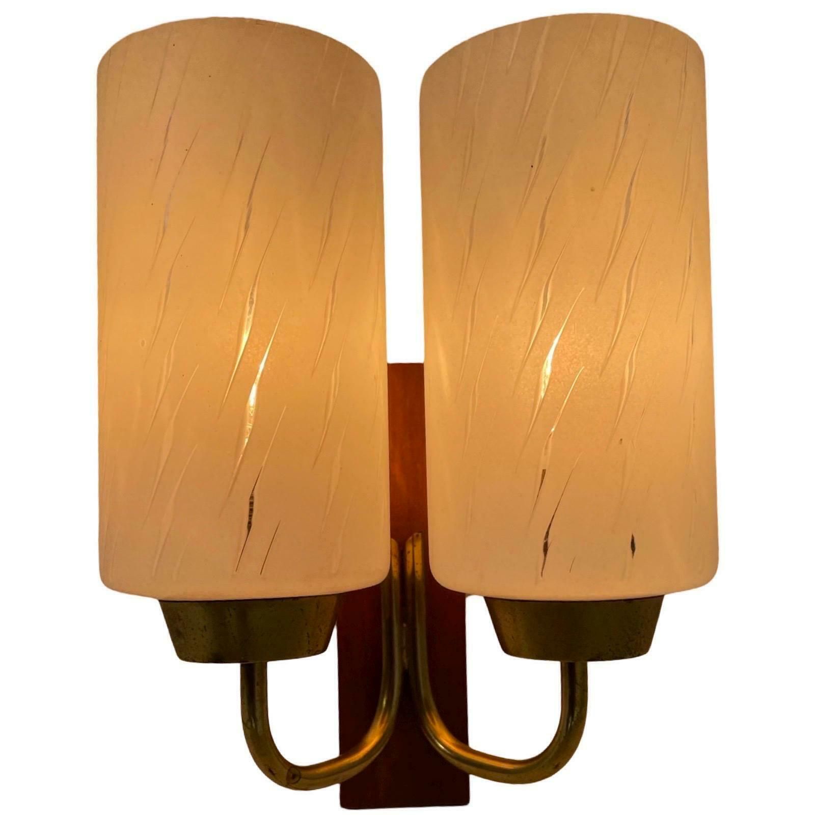 Vintage   Mcm   Wall Mounted Lamp / Sconce With Two Bulbs   Glass, Brass And Teak Wood photo vintage