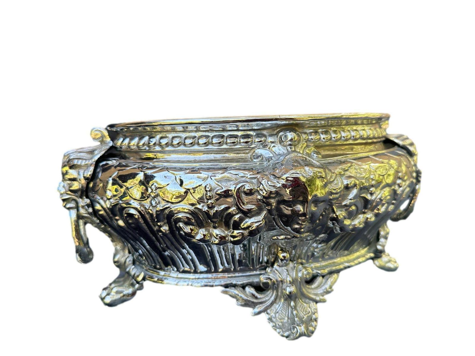 French Antique Silver Metal Planter, Mascaron, Lion 19th photo for sale