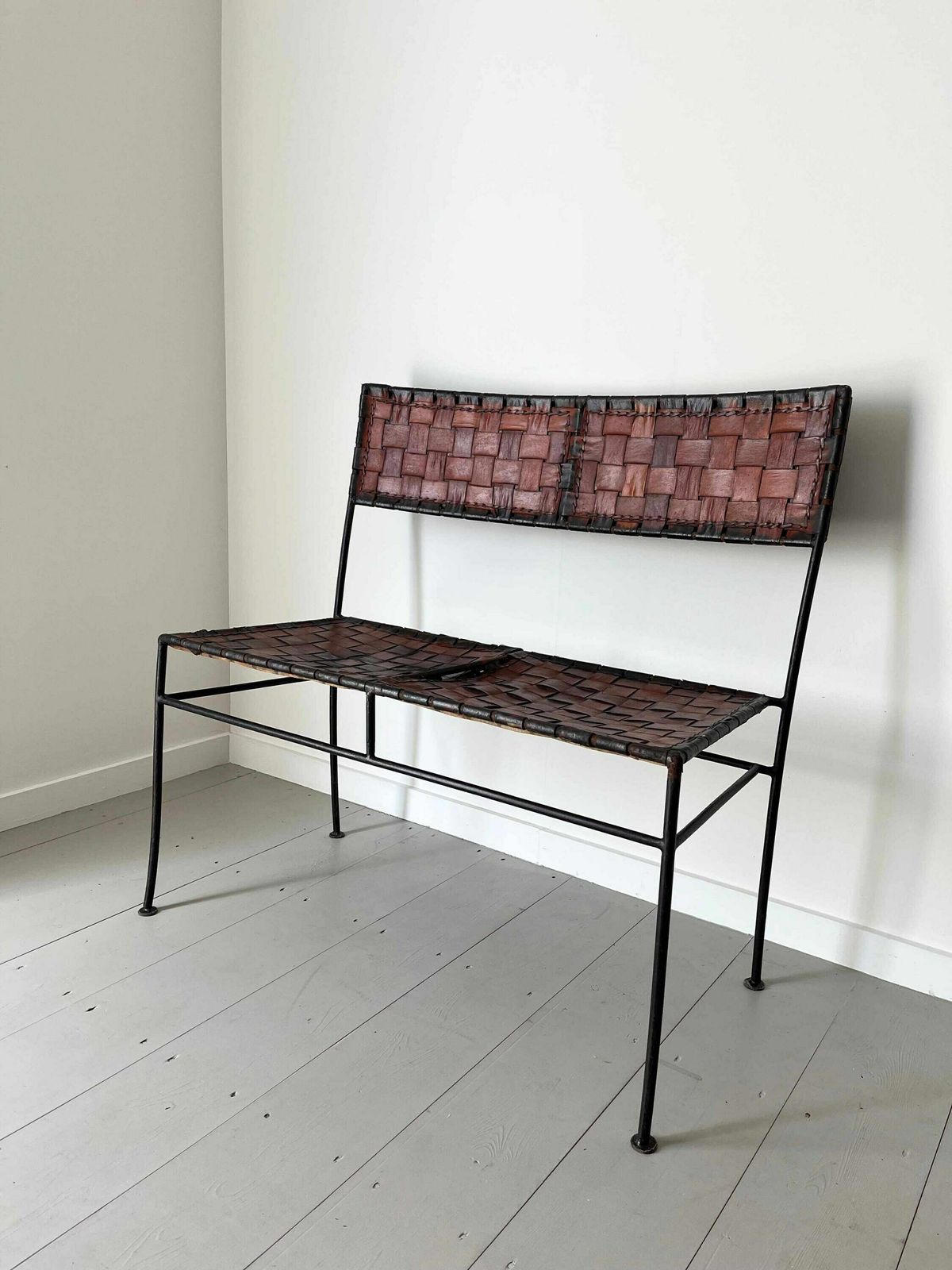 Late Mid Century Woven Leather And Iron Bench, Spain C. 1970, Metal Frame Vintage Seat