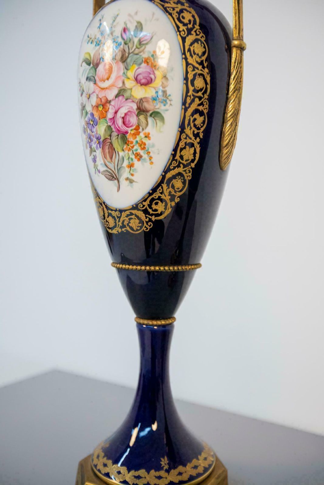 photo for sale French Blue Ceramic Decorative Vases With Floral Motifs