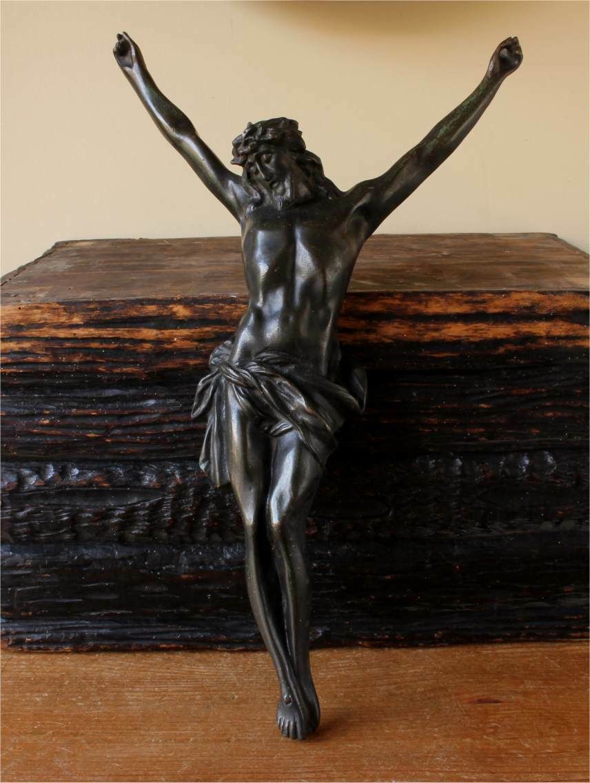 Large Bronze Jesus Christ Figure. 19th Century Corpus Religious Statue.