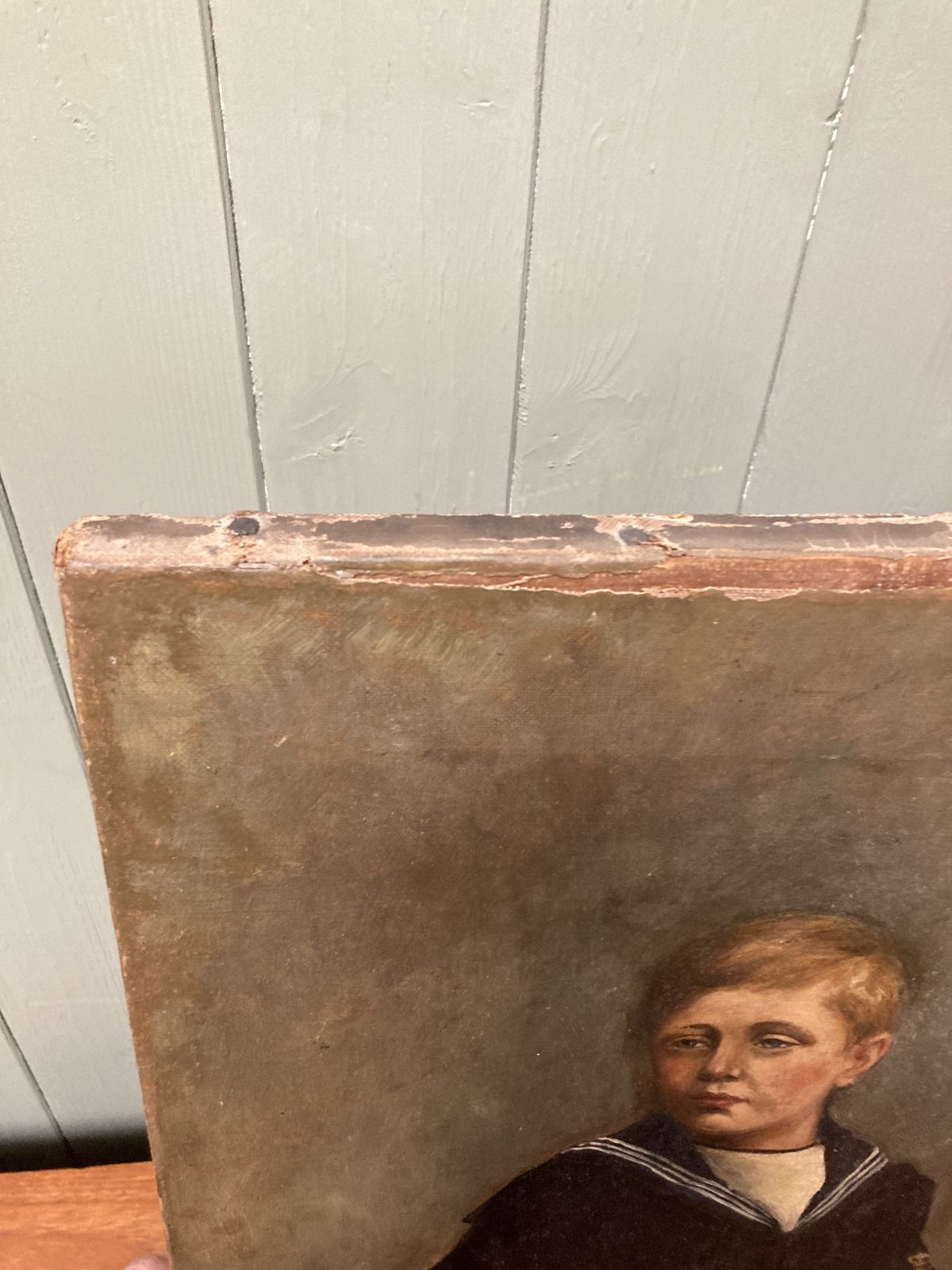 465.0 Antique Portrait In Oil Of A Young Boy Dressed In A Sailor’s Uniform photo