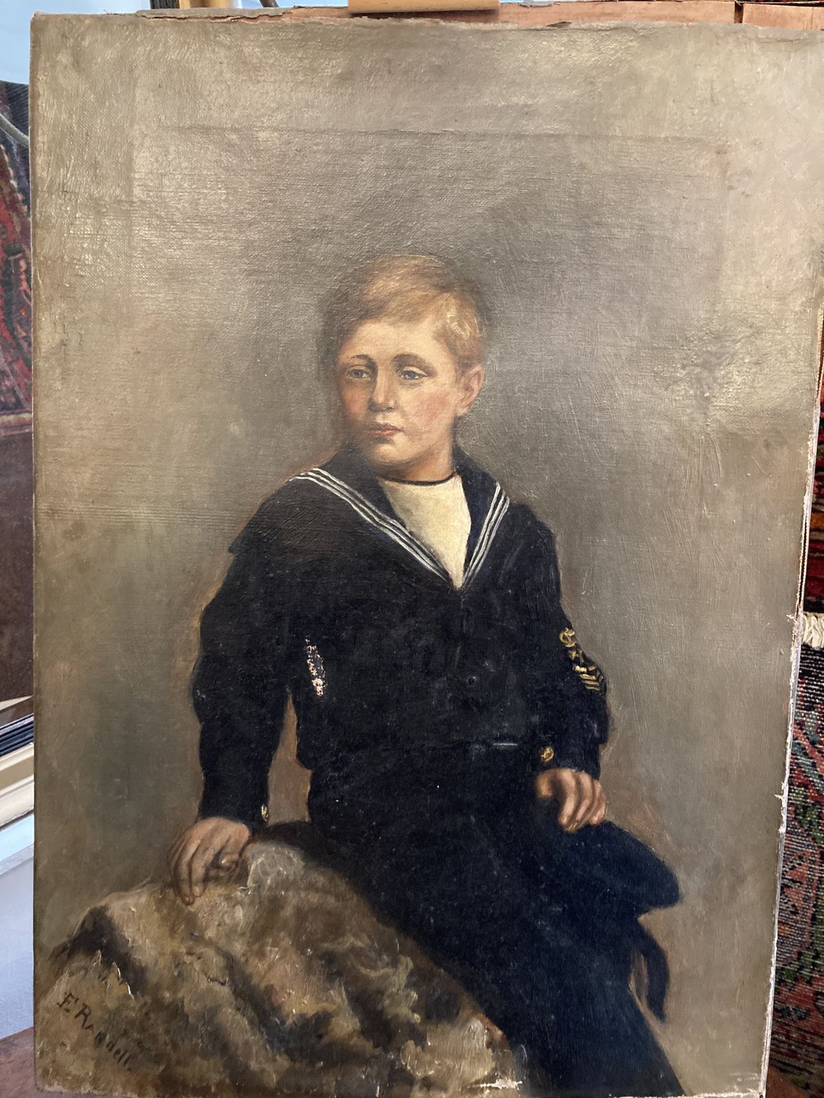 Antique Portrait In Oil Of A Young Boy Dressed In A Sailor’s Uniform