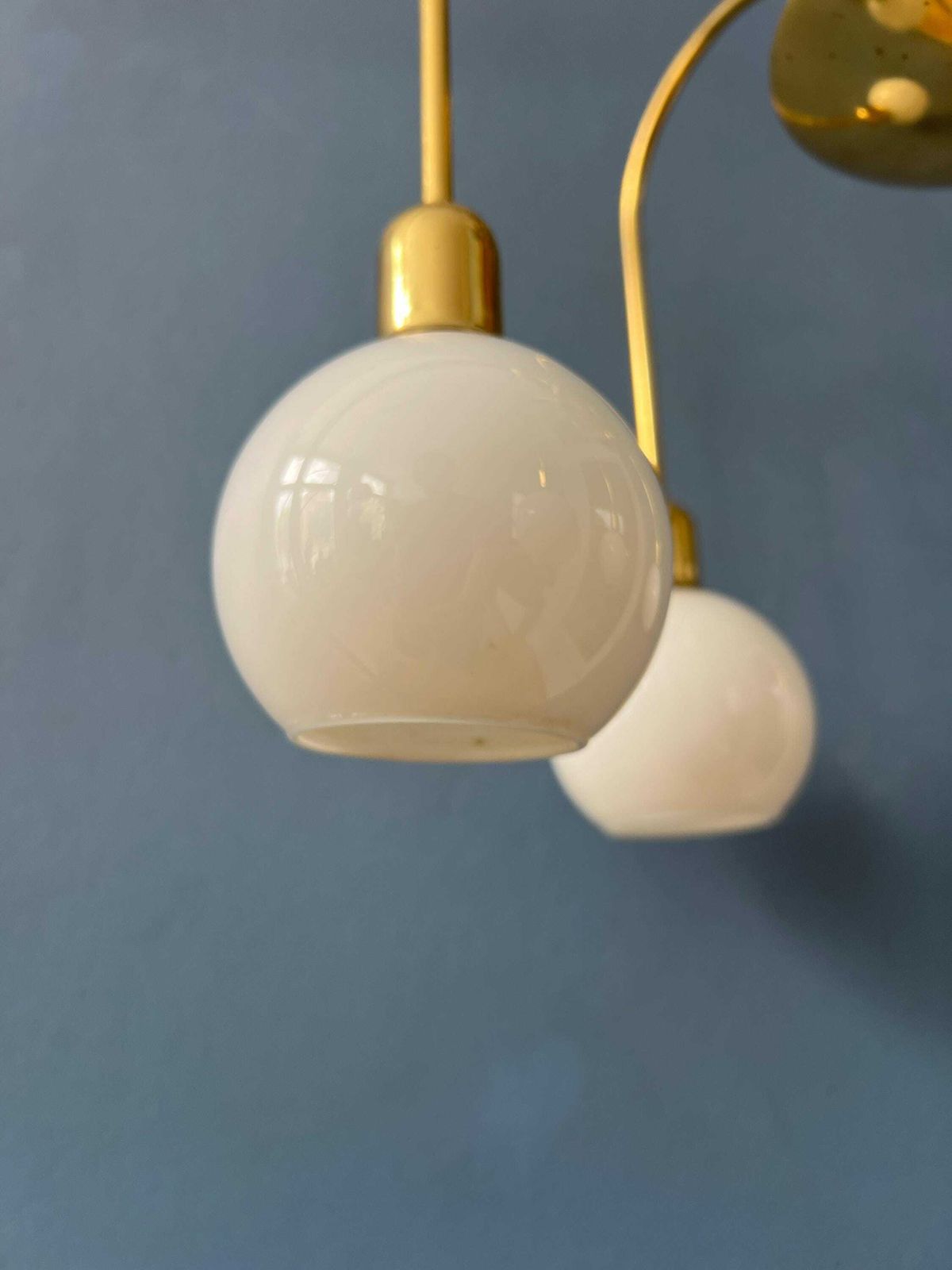 Mid Century Gold Brass Opaline Glass Chandelier photo vintage