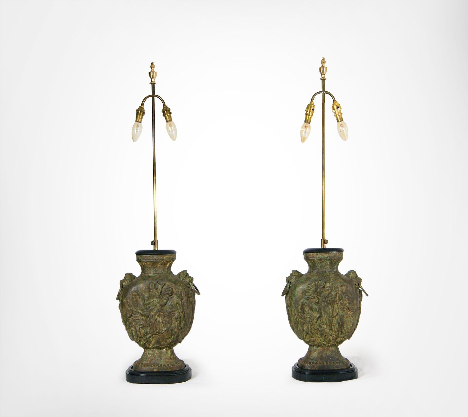 Pair Of Large Brutalist Cast Iron Chinese Guan Yu Figurine Double Bulb Lamps In The Style Of James Mont