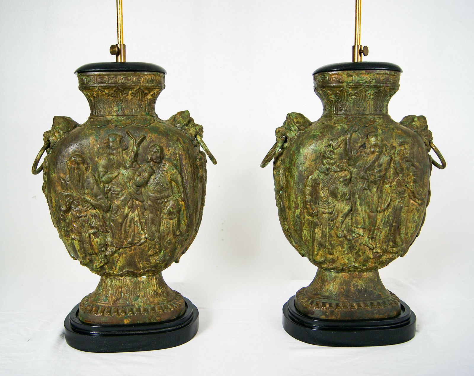 Pair Of Large Brutalist Cast Iron Chinese Guan Yu Figurine Double Bulb Lamps In The Style Of James Mont photo Lighting