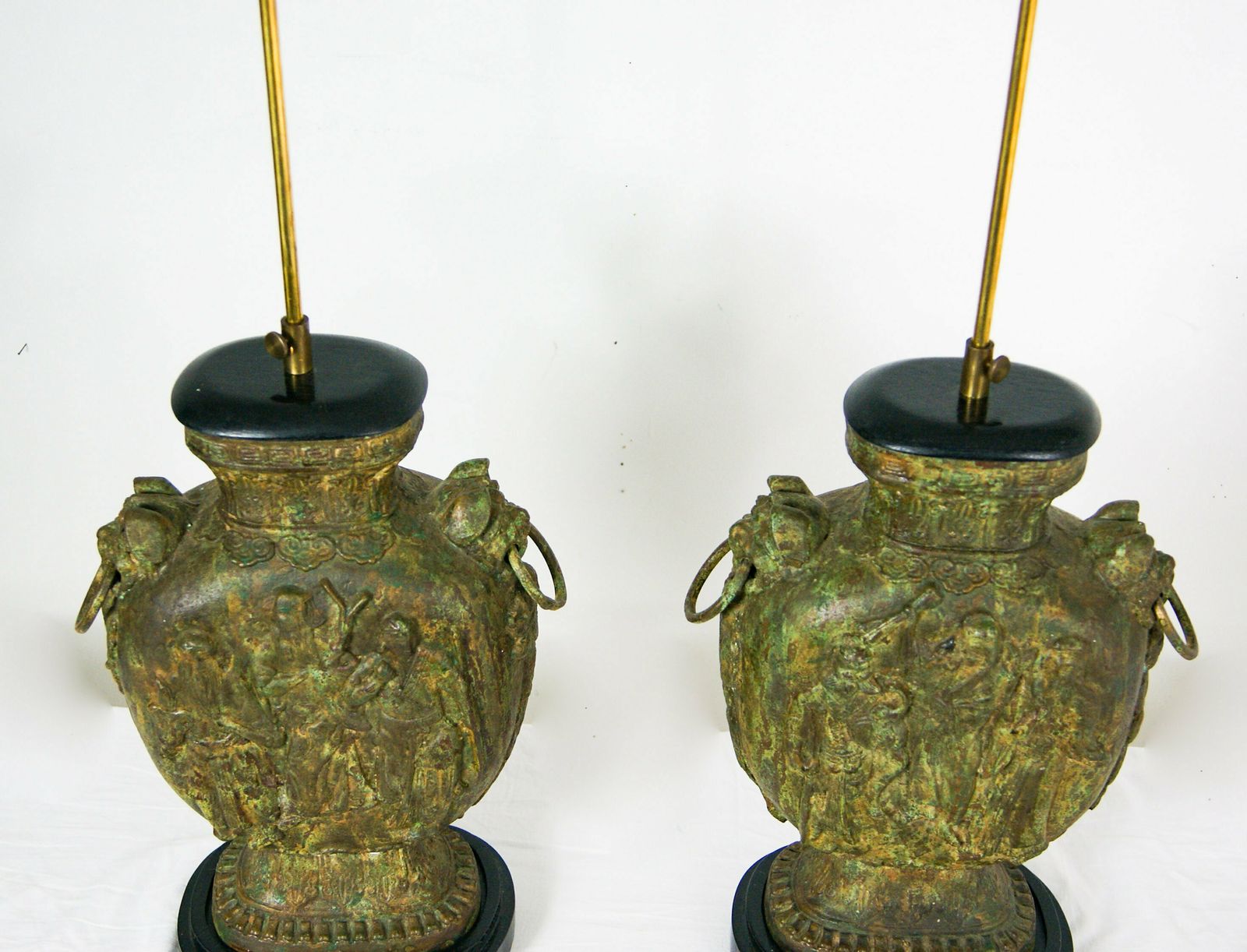 photo for sale Pair Of Large Brutalist Cast Iron Chinese Guan Yu Figurine Double Bulb Lamps In The Style Of James Mont