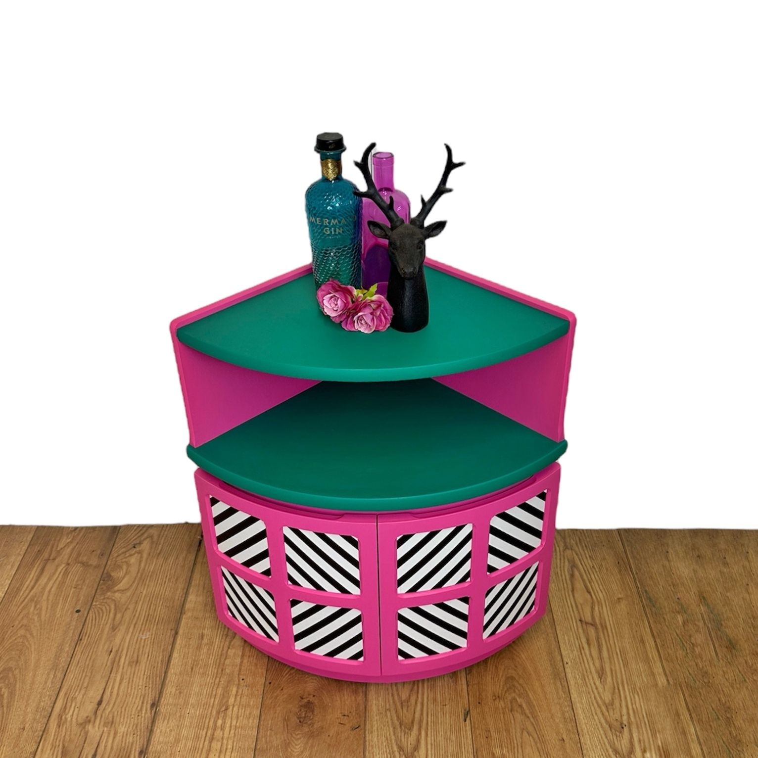 Maximalist Hot Pink And Turquoise Nathan Corner Cabinet With Black And White Geometric Design, Mid Century Modern, Bold, Bright, Statement photo Furniture