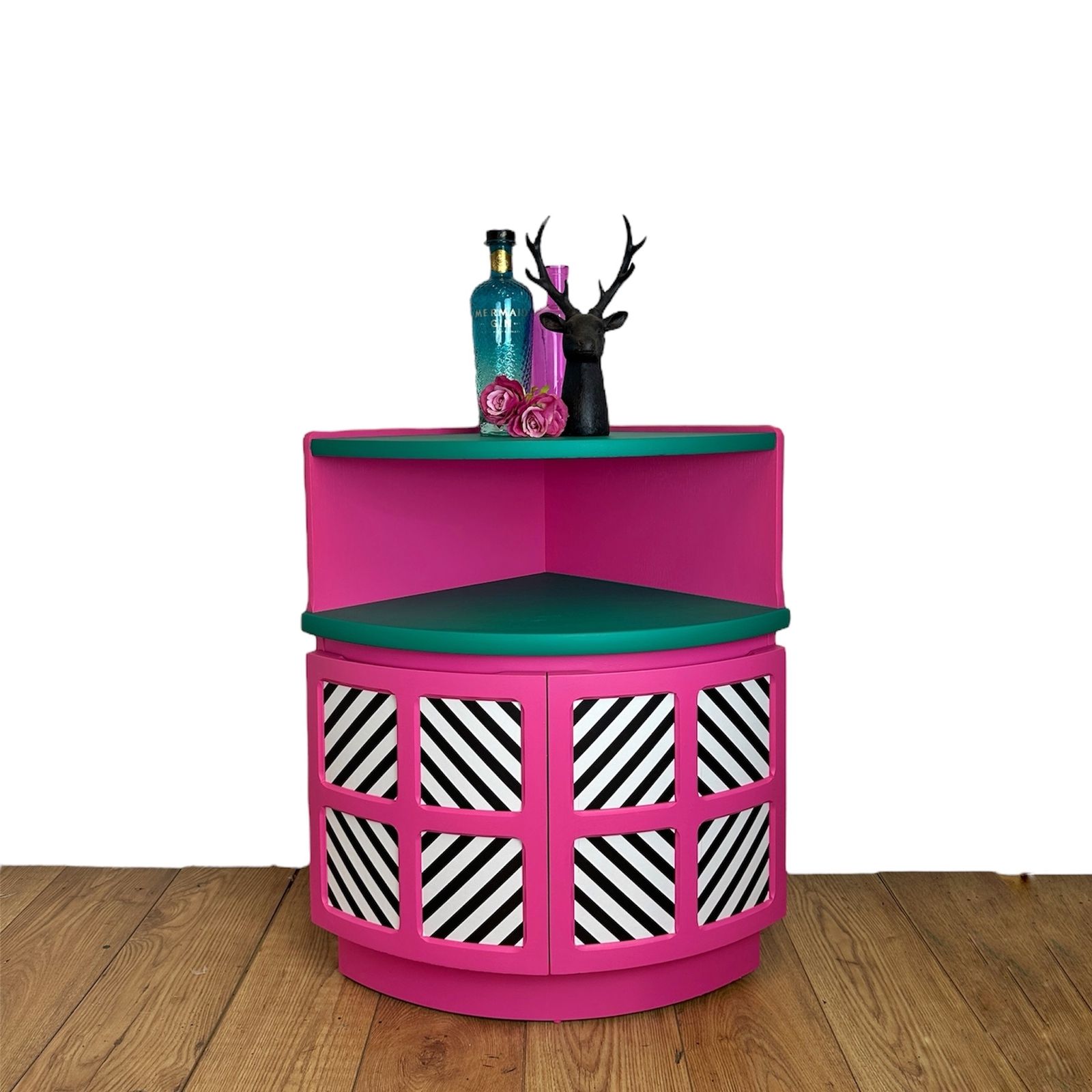 Maximalist Hot Pink And Turquoise Nathan Corner Cabinet With Black And White Geometric Design, Mid Century Modern, Bold, Bright, Statement