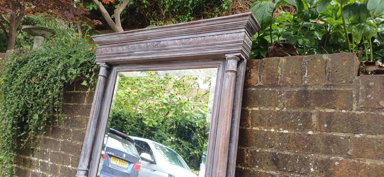 Beautifully Upcycled Massive French Carved Over Mantel Mantle Mirror Light Grey Blue photo vinterior