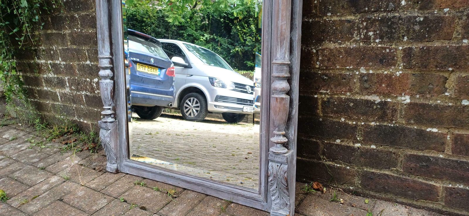 Beautifully Upcycled Massive French Carved Over Mantel Mantle Mirror Light Grey Blue photo buy