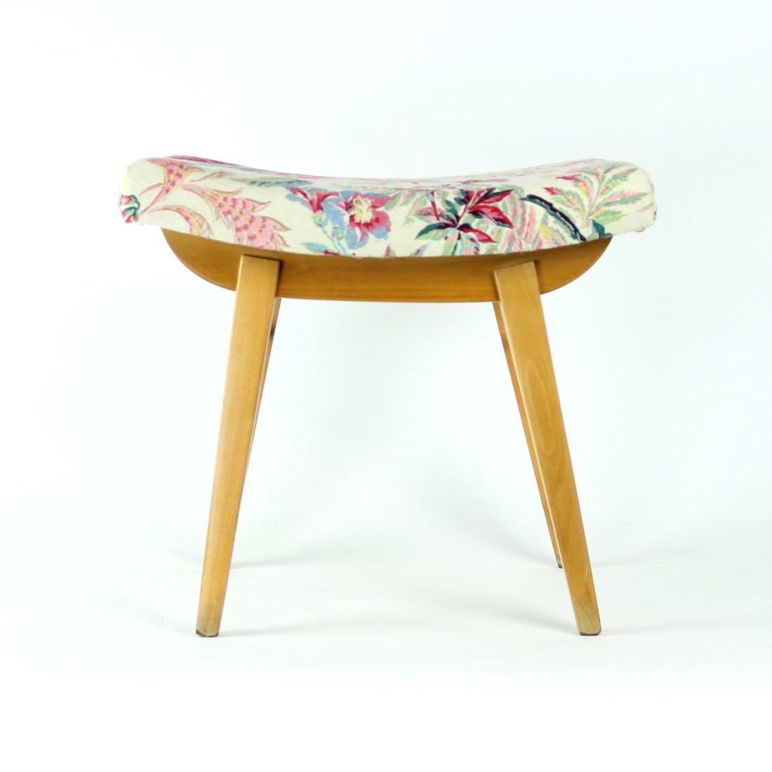 Midcentury Stool In Oak & Linen, Ton Czechoslovakia 1960s photo for sale
