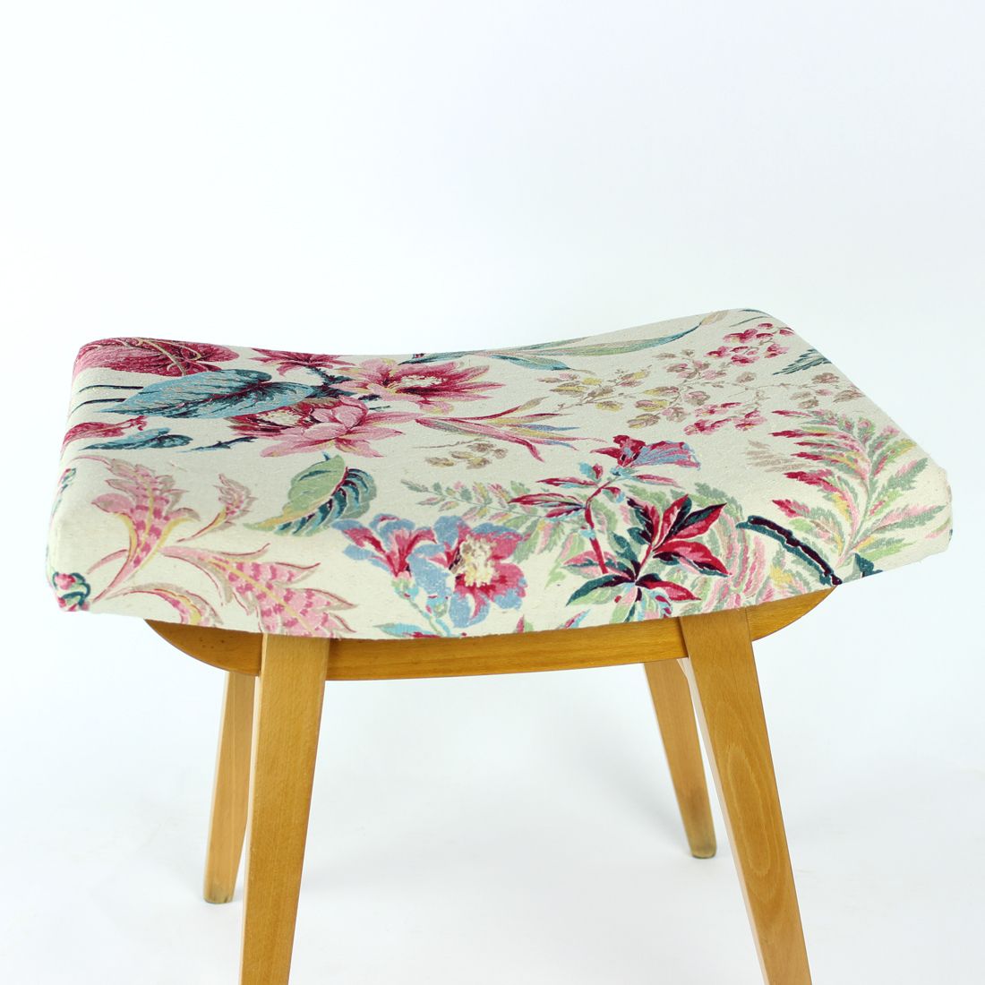 Midcentury Stool In Oak & Linen, Ton Czechoslovakia 1960s photo vinterior