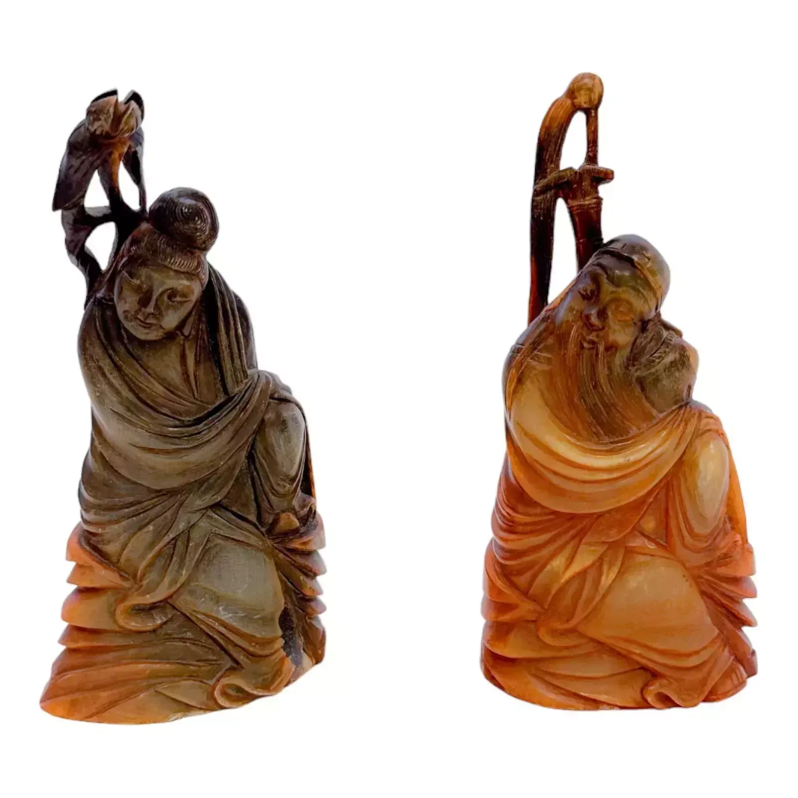 Antique Chinese Pair Of Immortals / Deities Carving Figurine Staff, C.19