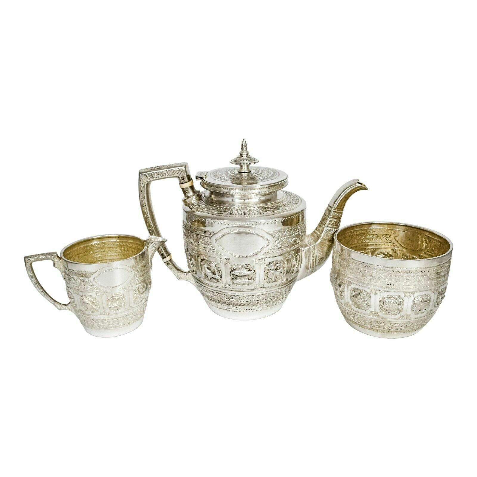Antique Victorian 3 Piece Tea Set Embossed With Zodiac Signs   Indian / Tibetan