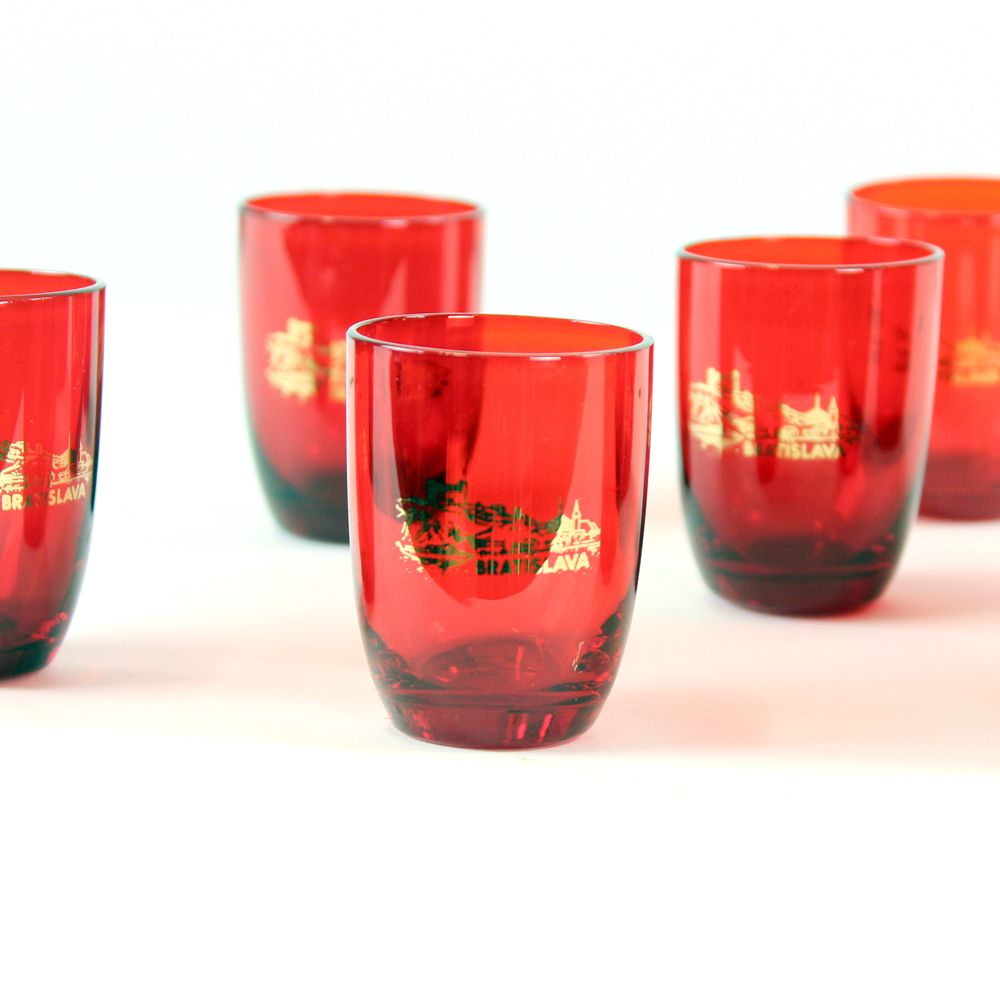 Midcentury Alcohol Bottle & Shots Set In Red Glass, Czechoslovakia Circa 1960s photo vinterior