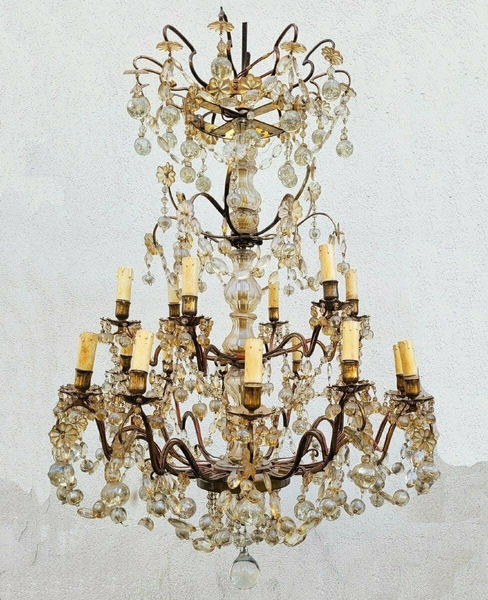Large Cage Chandelier With Tassels, 18 Lights, Late 19th Early 20th Century