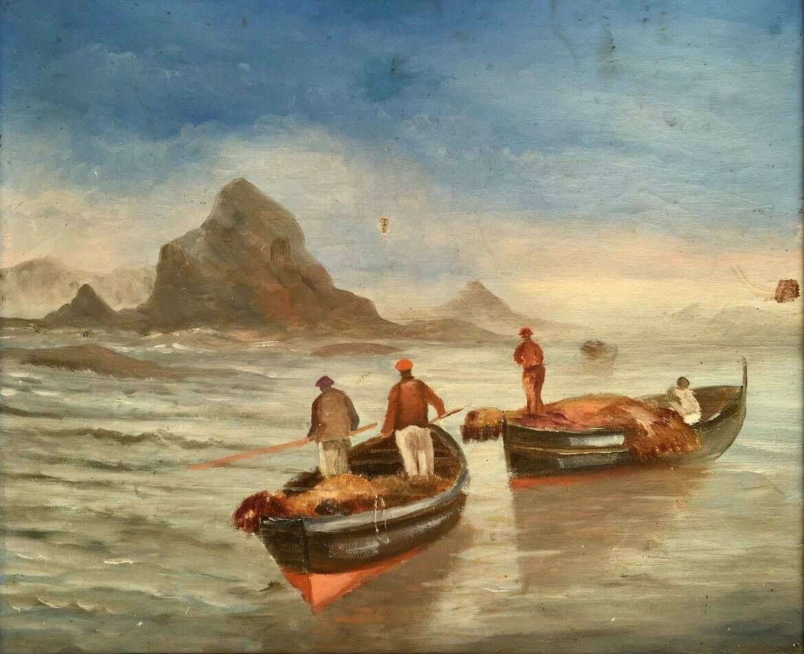 Charmant Frans Olieverfschilderij Op Houten Paneel Uit De Jaren 1920 – Vissersbootjes Op De Middellandse Zee, Franse Rivièra photo furniture