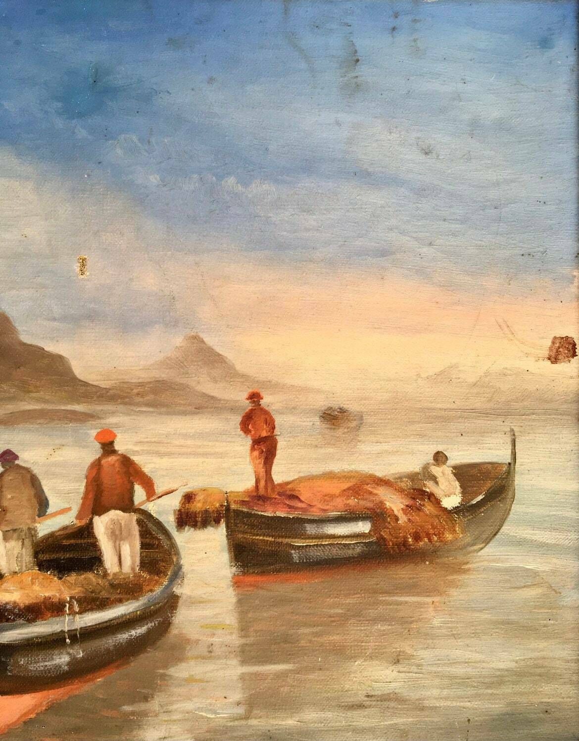 Charming 1920s French Oil Painting On Wood Panel Fishermen’s Boats On The Mediterranean Sea, French Riviera photo Art