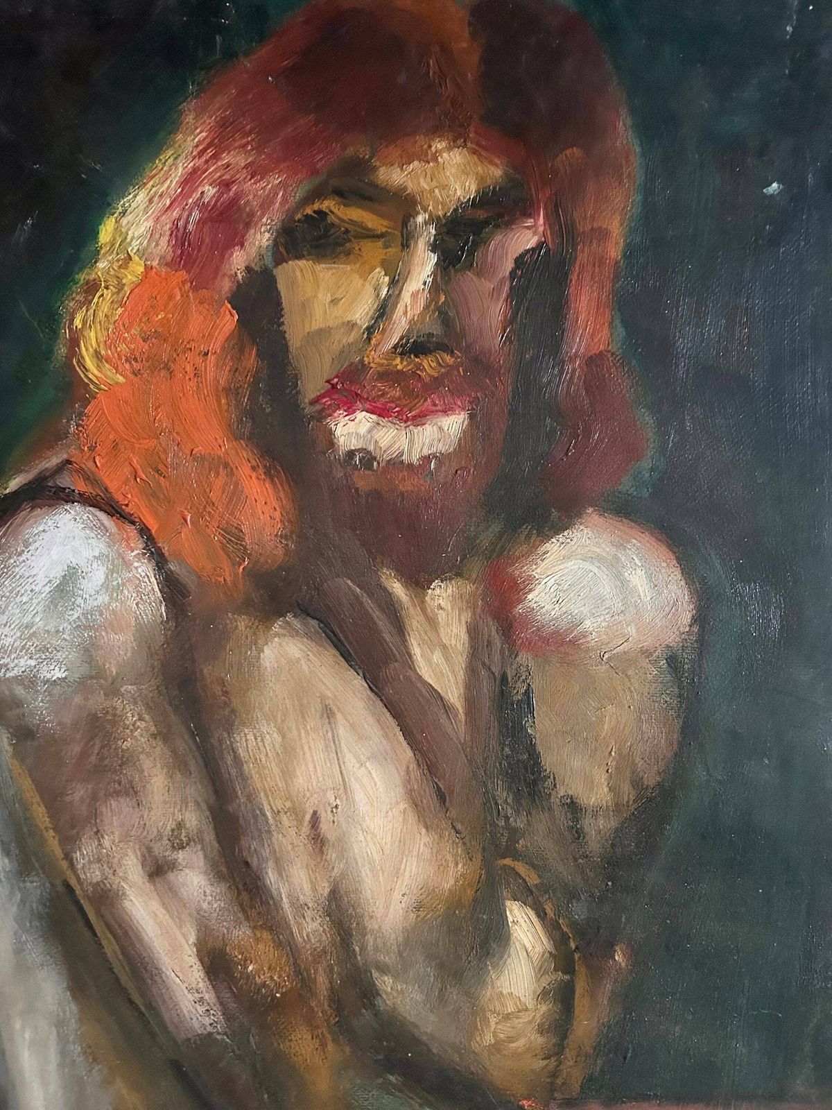 Expressive 1940s French Oil Painting On Canvas (Marouflage) Female Nude photo Art