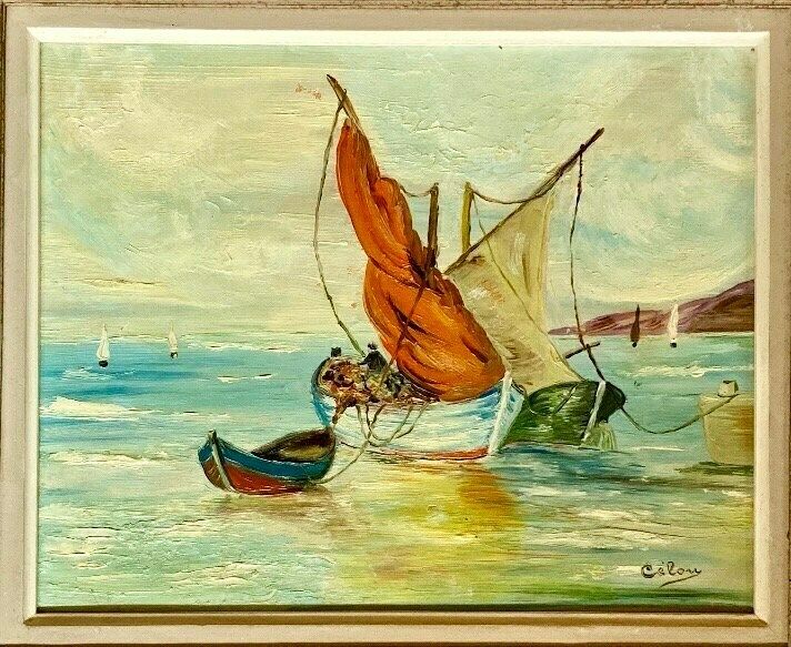 Elegant 1940s French Oil Painting On Panel Fishermen And Sailboats On The Mediterranean Coast, Southern France photo furniture