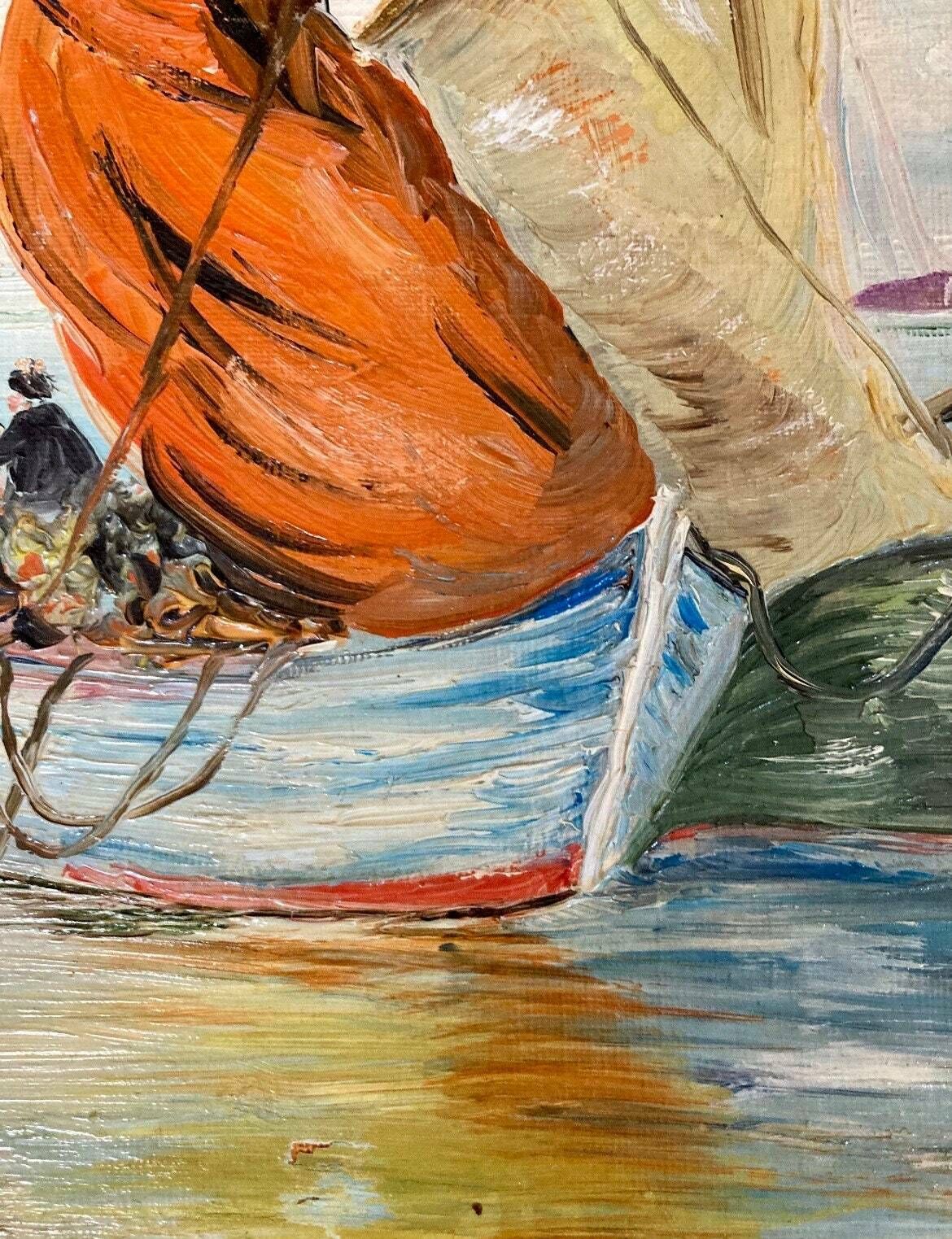Elegante Frans Olieverfschilderij Op Paneel Uit De Jaren 1940 – Vissers En Zeilboten Aan De Middellandse Zeekust, Zuid Frankrijk photo buy