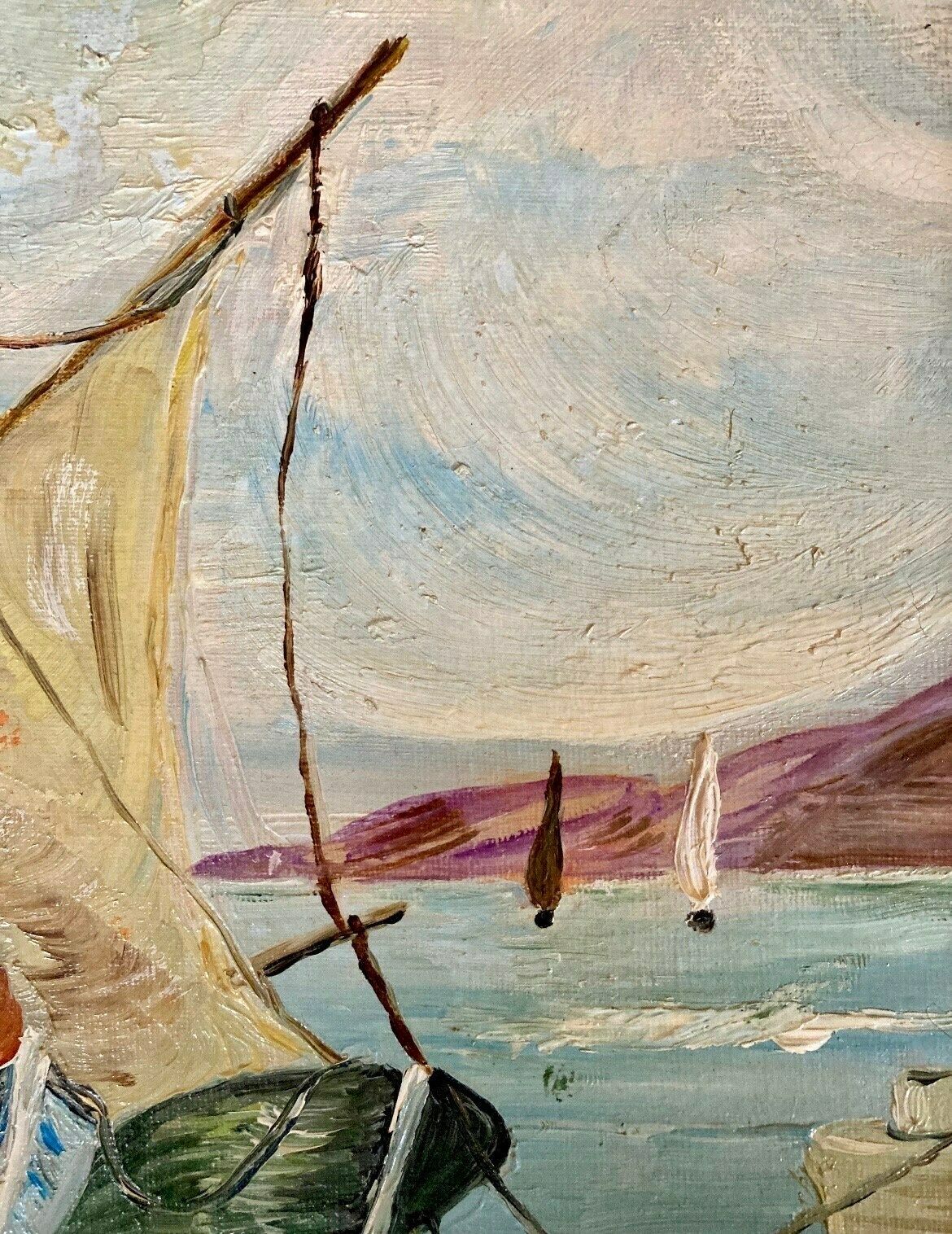 Elegant 1940s French Oil Painting On Panel Fishermen And Sailboats On The Mediterranean Coast, Southern France photo vintage