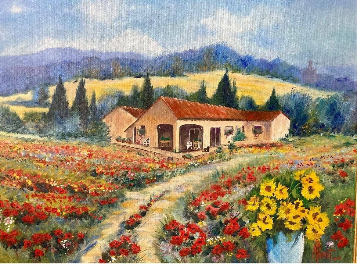 Frans Schilderij Uit De Jaren 1970 — Zonnige Dorpsstraat, Languedoc photo furniture