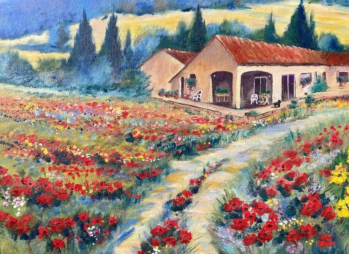Frans Schilderij Uit De Jaren 1970 — Zonnige Dorpsstraat, Languedoc photo vinterior