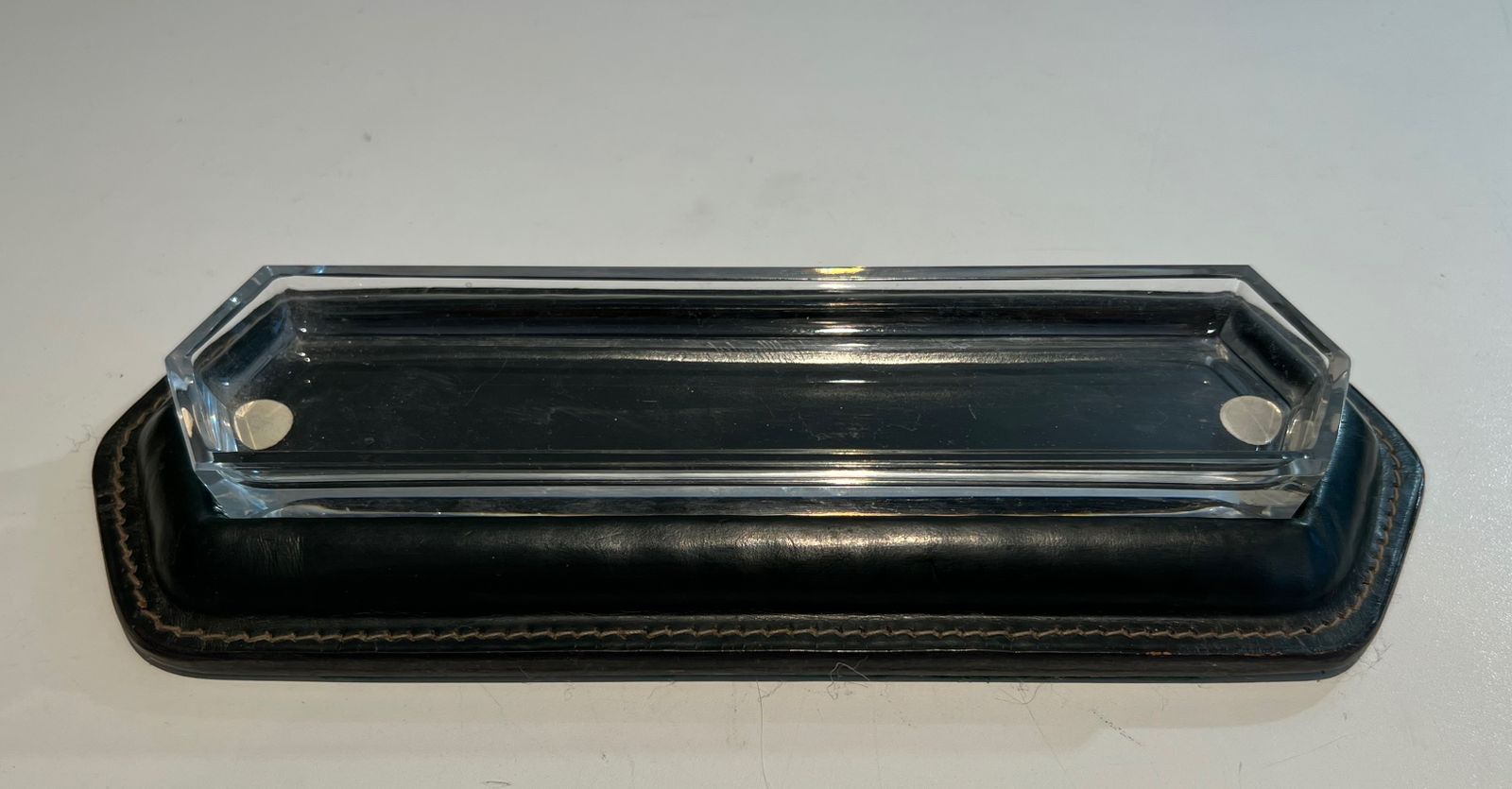 Cellier Stitched Dark Green Leather Pen Holder In The Style Of Jacques Adnet photo for sale