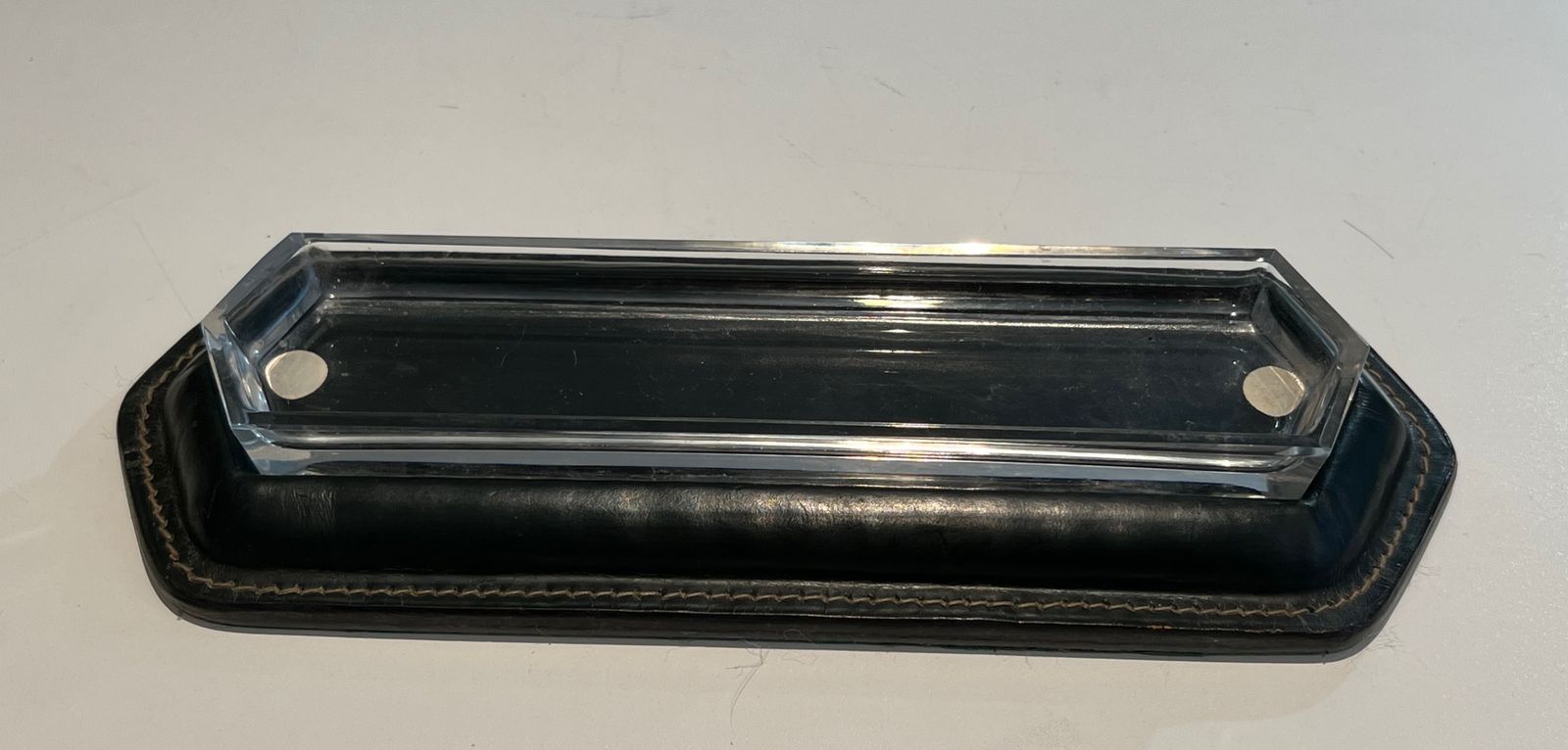 380.0 Cellier Stitched Dark Green Leather Pen Holder In The Style Of Jacques Adnet photo