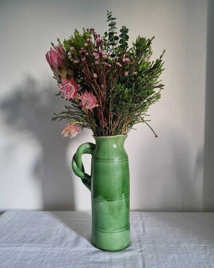 Tall Studio Pottery Green Water Pitcher