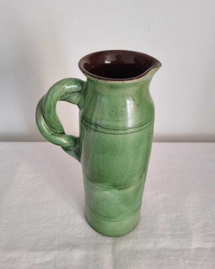 Tall Studio Pottery Green Water Pitcher photo Home Decor
